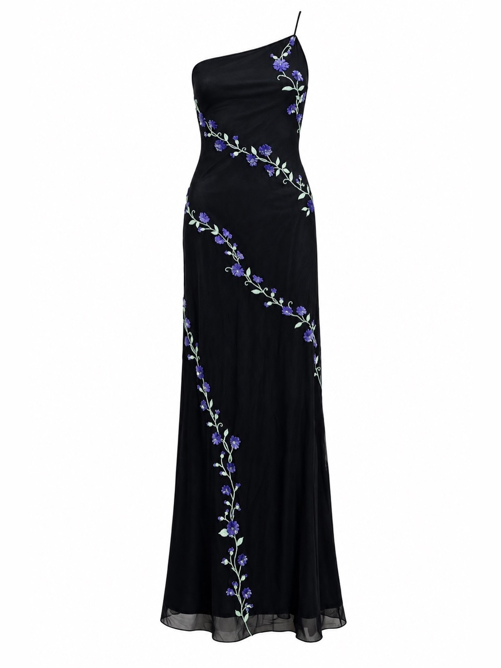 Black One-Shoulder Floral Embroidered Evening Dress